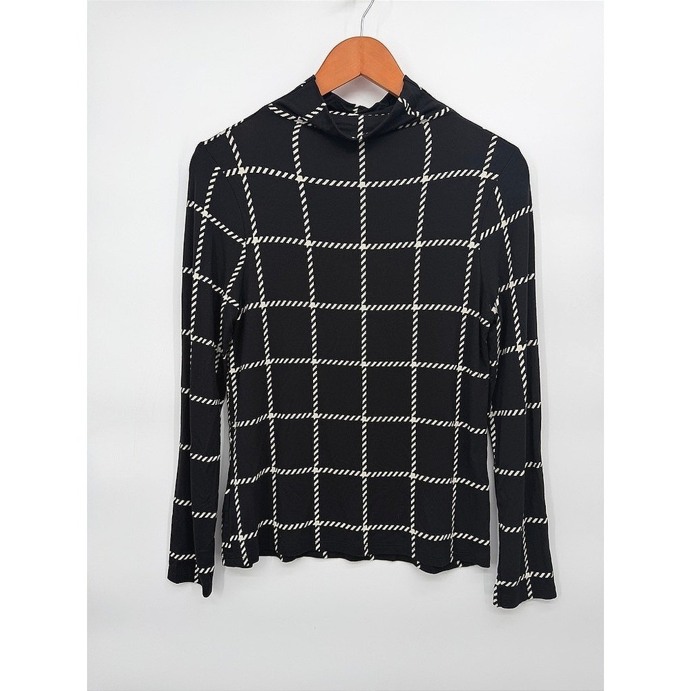 Ann Taylor Factory Top Black Grid Mock Neck Long Sleeve Petite Fitted Stretch MP